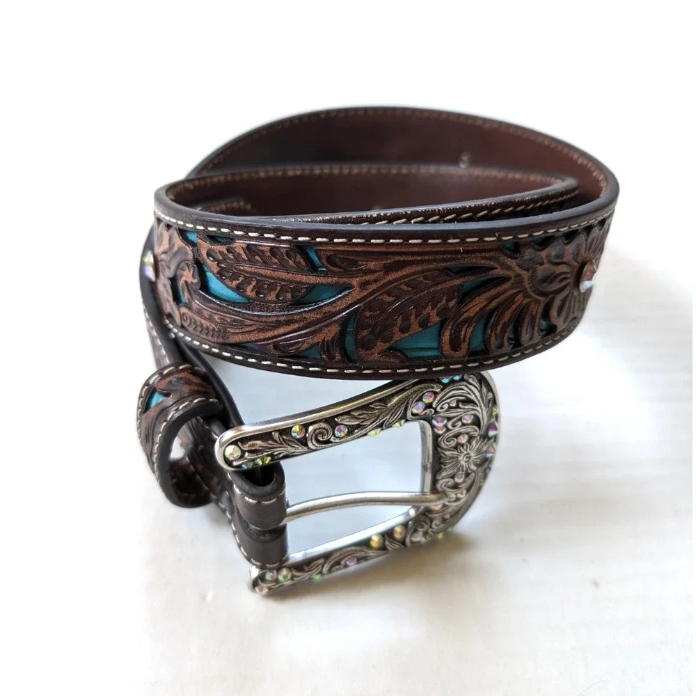 Womens Ariat Leather Belt Size Medium Brown Turquoise Inlay Floral Tooled